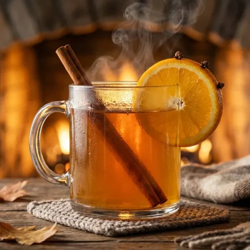 Steaming mug of spiked cider recipe with cinnamon stick and orange slice