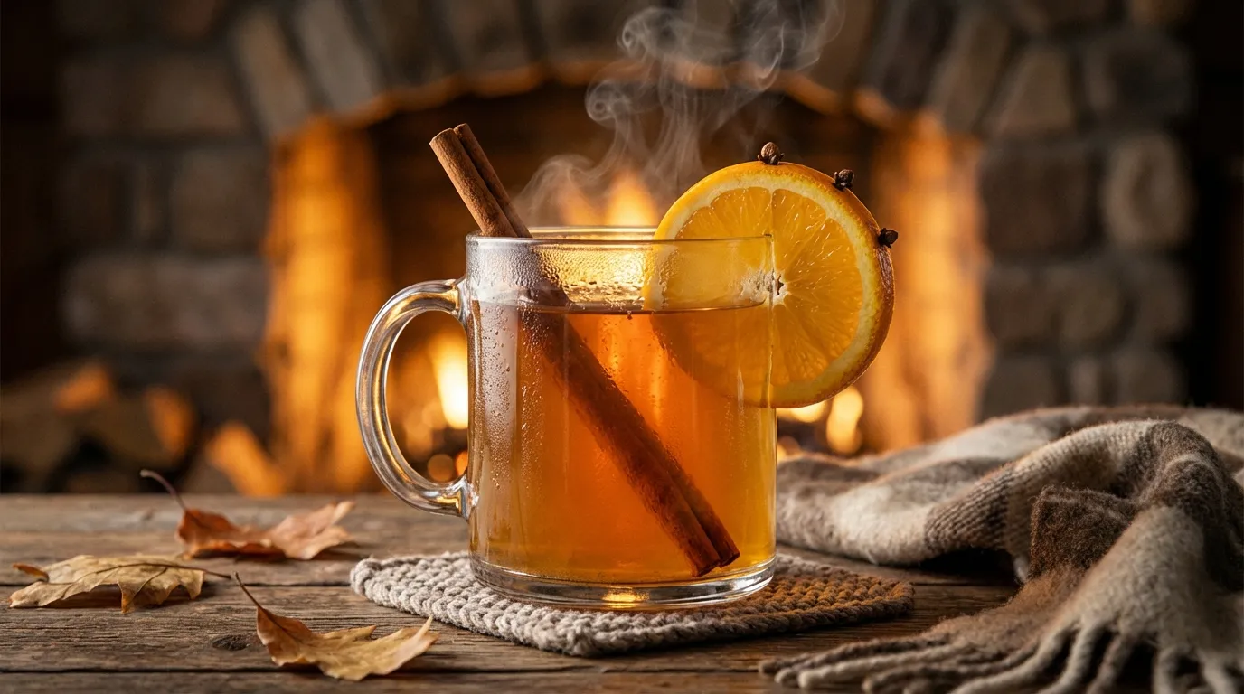 Steaming mug of spiked cider recipe with cinnamon stick and orange slice