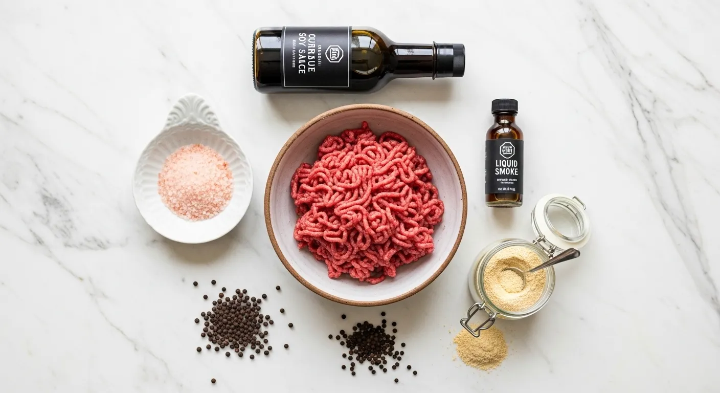 ingredients for ground venison jerky recipe including meat and spices