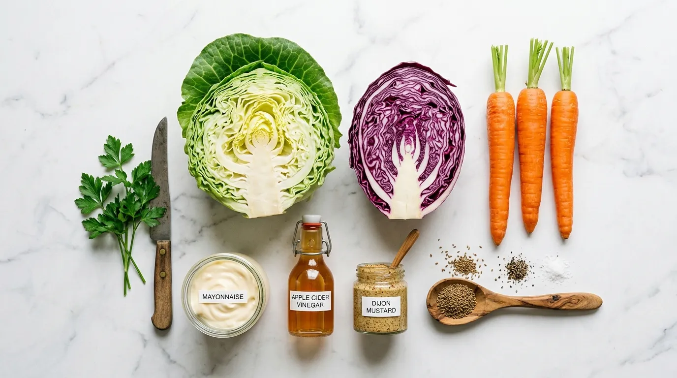 Fresh ingredients gathered to make an easy coleslaw recipe including cabbage, carrots, and mayonnaise.
