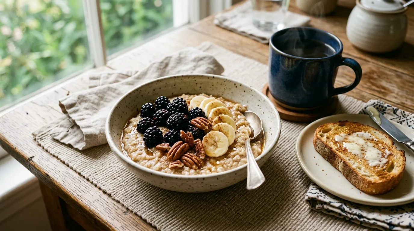 Serving suggestions for our comforting wheat cream recipe including fresh berries and sliced bananas.