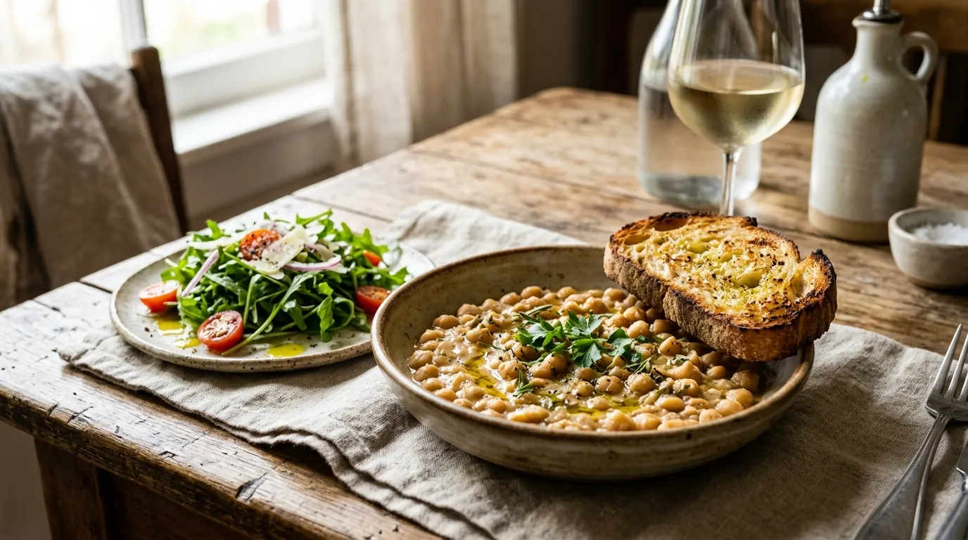 A bowl of our creamy ceci beans recipe served with an arugula salad and crusty bread.