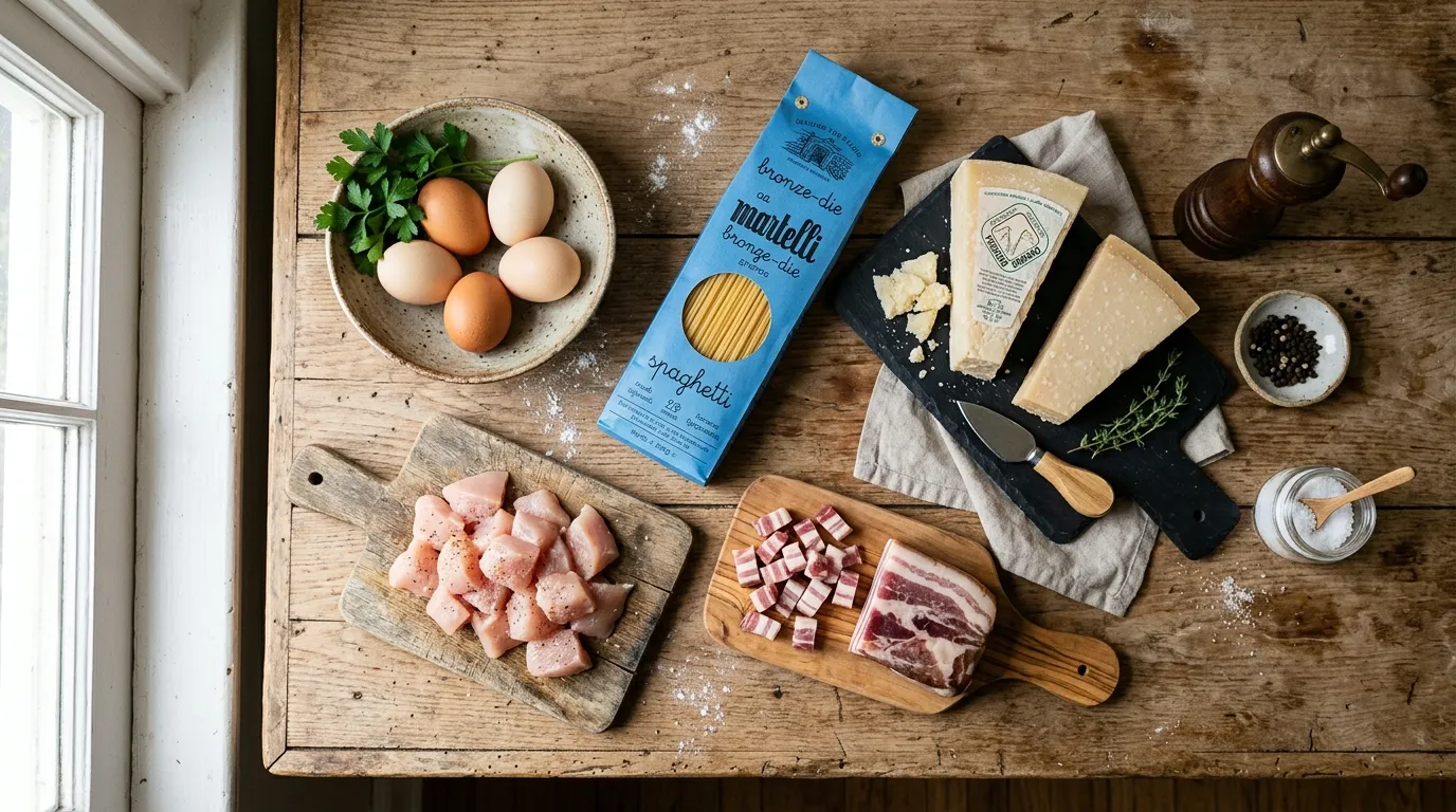 Fresh ingredients needed for a traditional chicken carbonara recipe