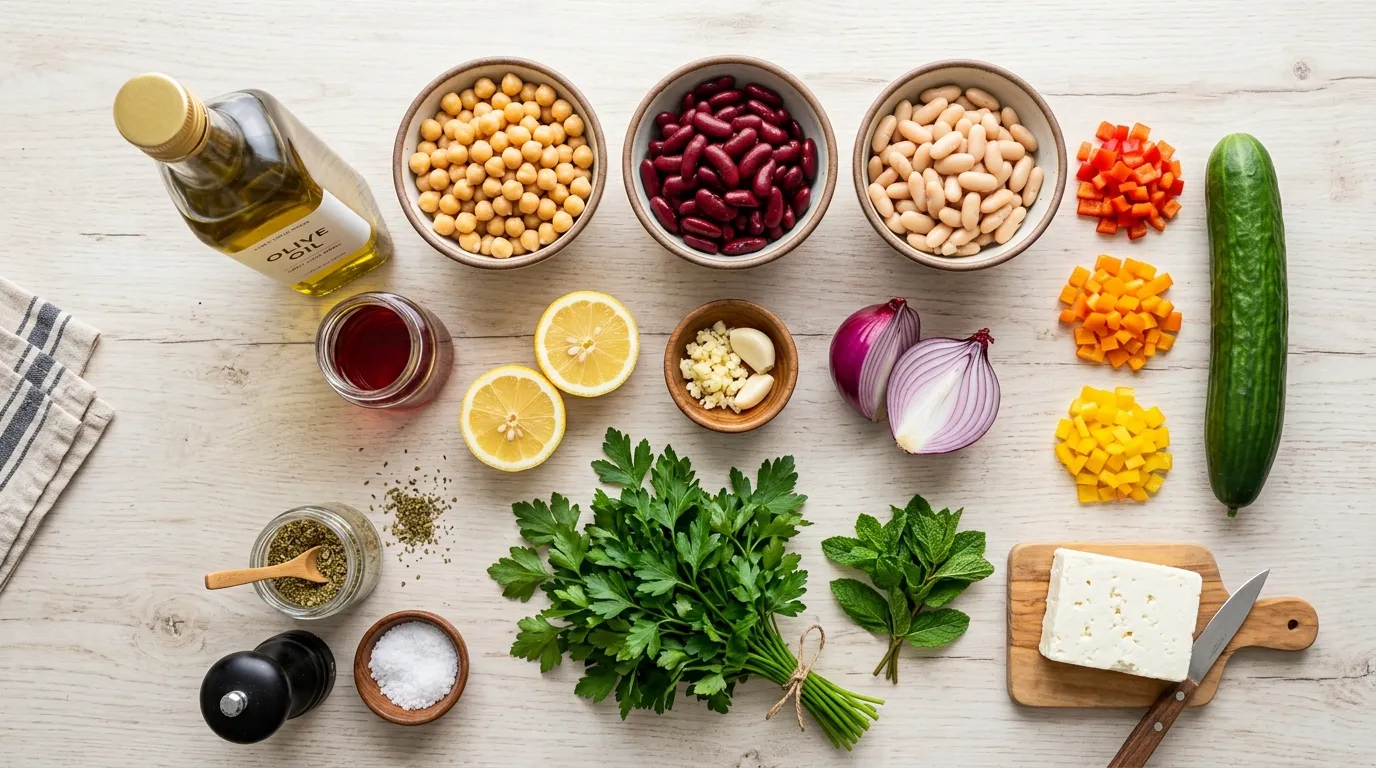 Ingredients needed to make a dense bean salad recipe