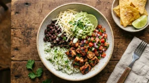 A freshly made homemade chipotle bowl recipe featuring charred chicken, cilantro-lime rice, black beans, pico de gallo, and guacamole.