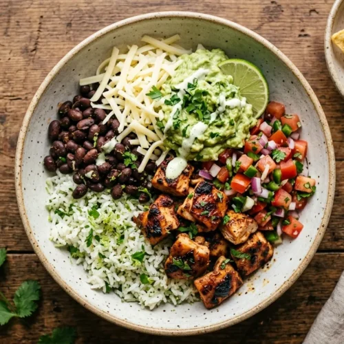 A freshly made homemade chipotle bowl recipe featuring charred chicken, cilantro-lime rice, black beans, pico de gallo, and guacamole.