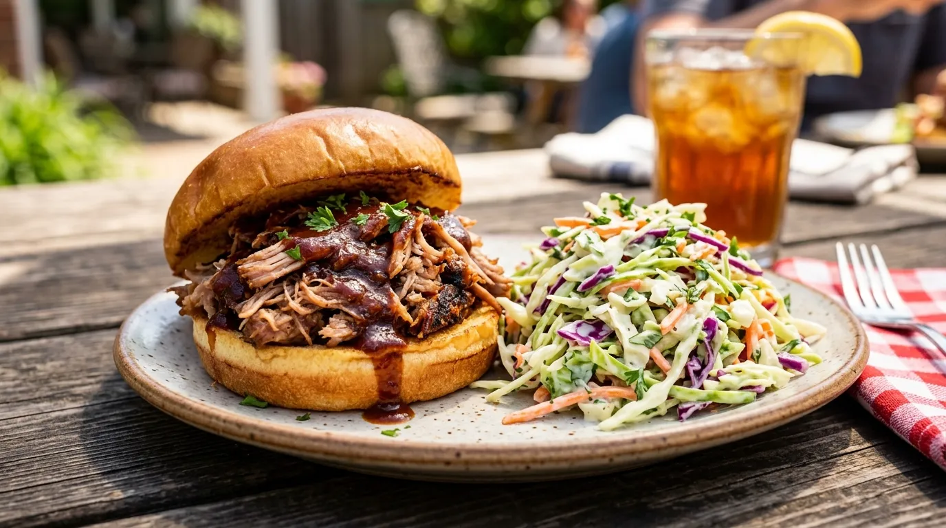 A scoop of easy coleslaw recipe served alongside a pulled pork sandwich on a picnic table.