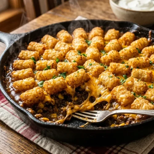 A freshly baked cowboy casserole recipe in a cast iron skillet topped with crispy tater tots and melted cheese.