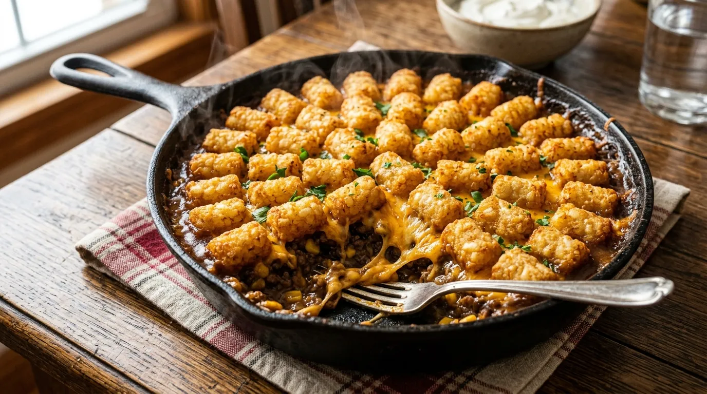 A freshly baked cowboy casserole recipe in a cast iron skillet topped with crispy tater tots and melted cheese.