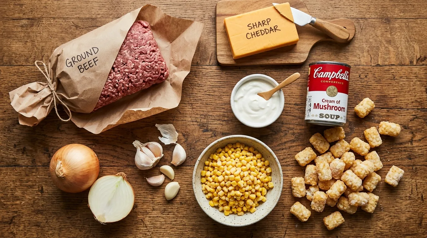 Fresh ingredients laid out to make a savory cowboy casserole recipe including ground beef, cheddar cheese, and tater tots.
