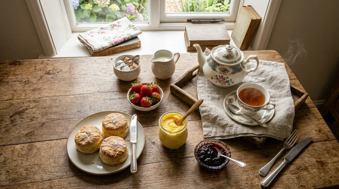 An elegant afternoon tea spread featuring homemade clotted cream recipe, fresh strawberries, and scones.
