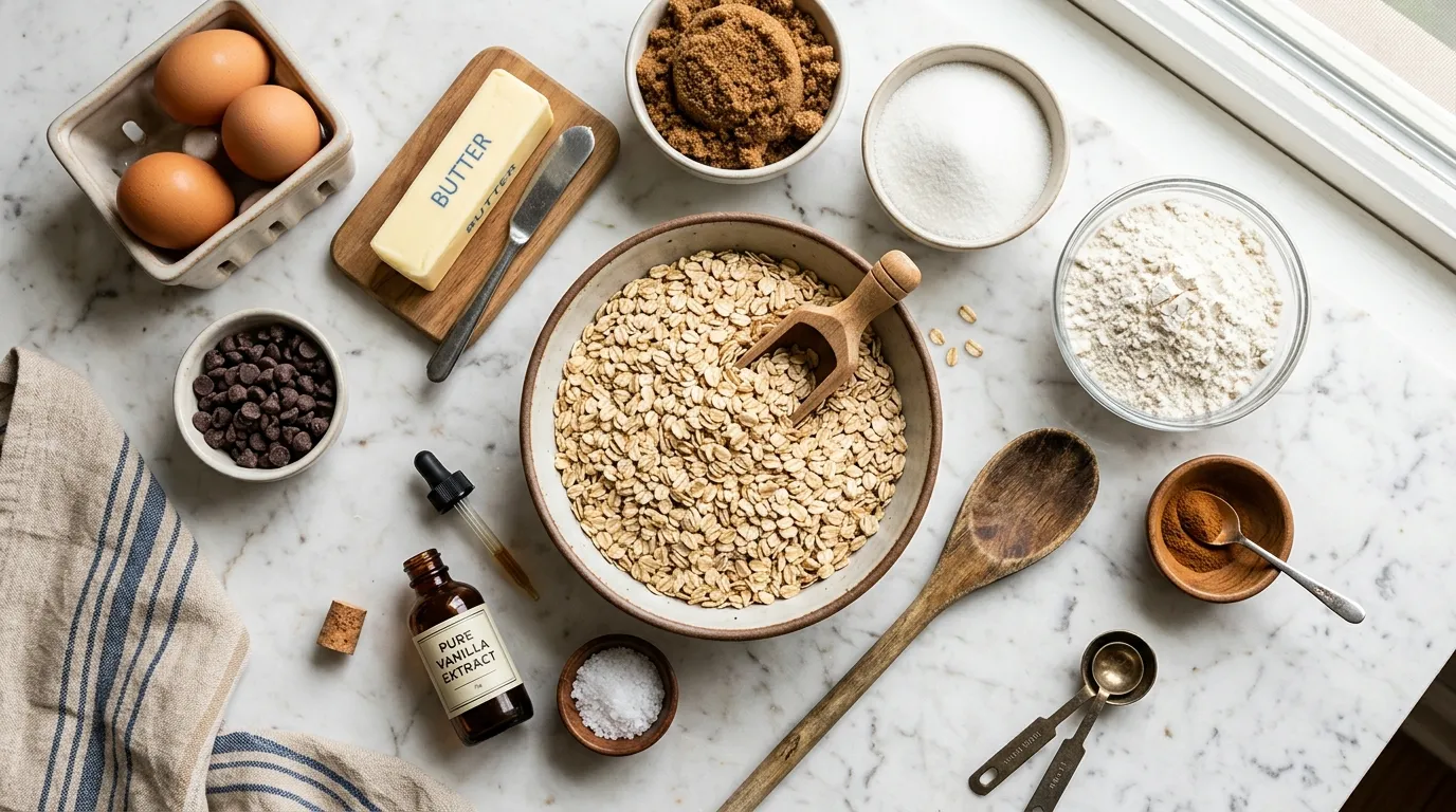 Raw ingredients laid out to make a quaker oatmeal cookie recipe.