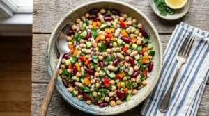 Delicious dense bean salad recipe served in a rustic bowl