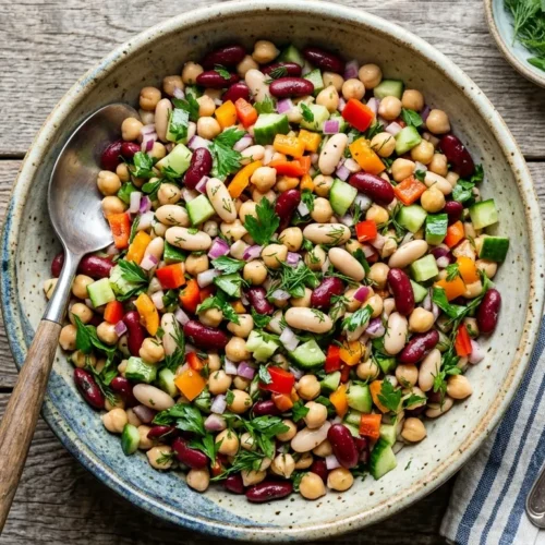 Delicious dense bean salad recipe served in a rustic bowl
