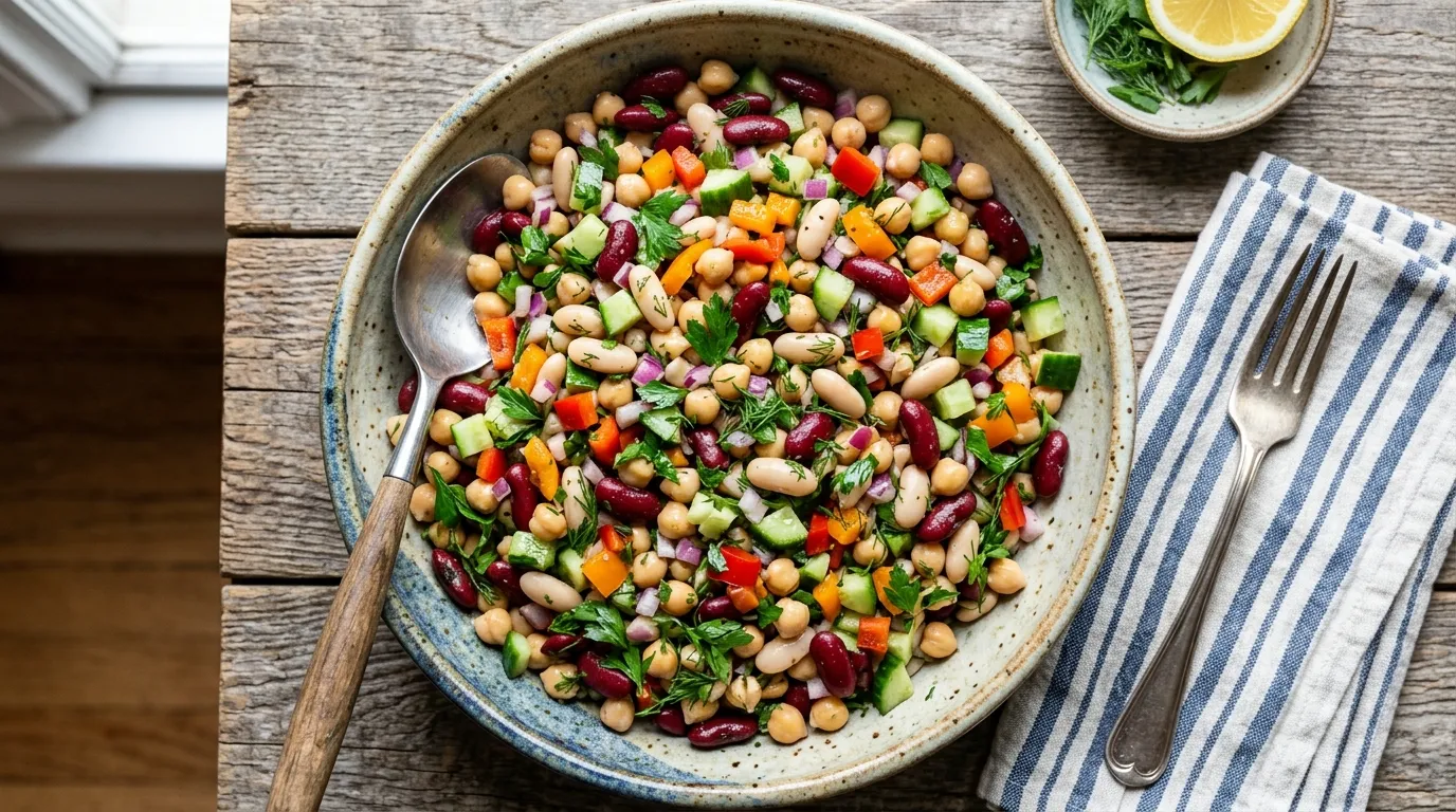 Delicious dense bean salad recipe served in a rustic bowl