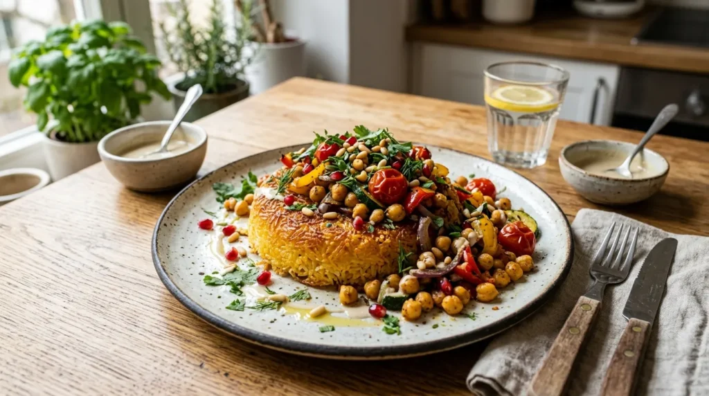 crispy rice recipe served with vegetables and chickpeas on a plate