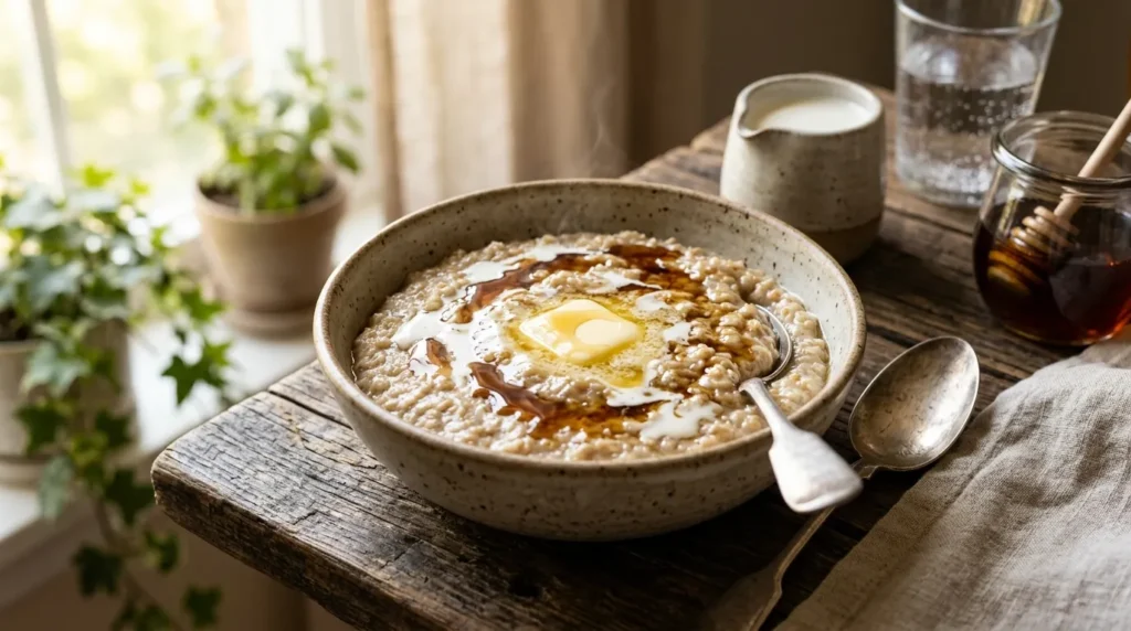 A warm bowl of homemade wheat cream recipe topped with melting butter and maple syrup.