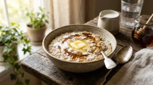 A warm bowl of homemade wheat cream recipe topped with melting butter and maple syrup.