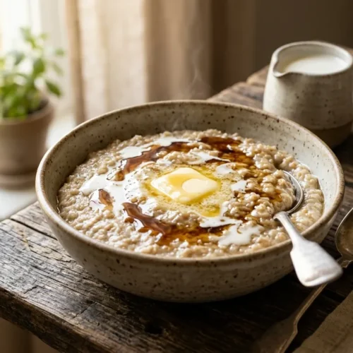 A warm bowl of homemade wheat cream recipe topped with melting butter and maple syrup.