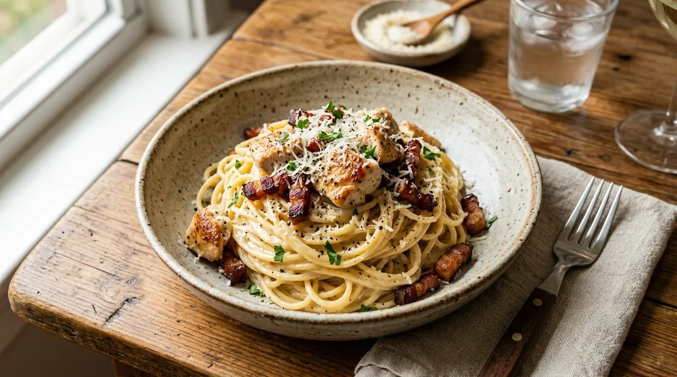 A bowl of creamy pasta made from our foolproof chicken carbonara recipe