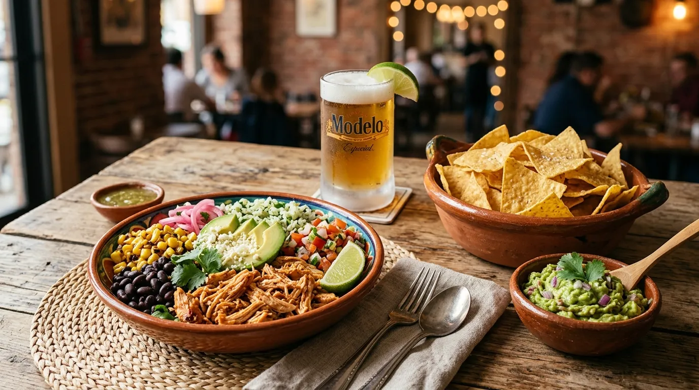 Serving suggestions for a chipotle bowl recipe including tortilla chips, guacamole, and a cold Mexican lager.
