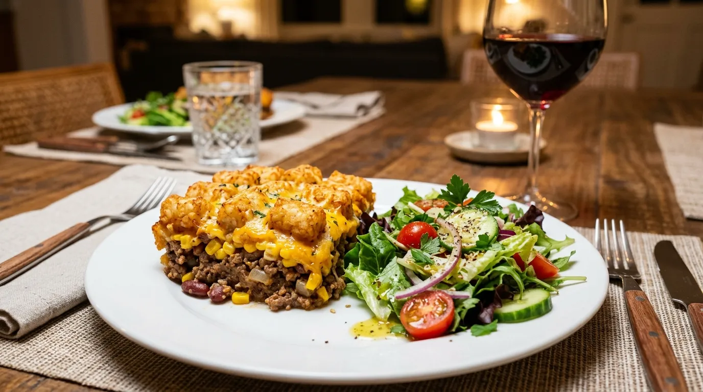 A plated serving of a delicious cowboy casserole recipe paired with a fresh green side salad.