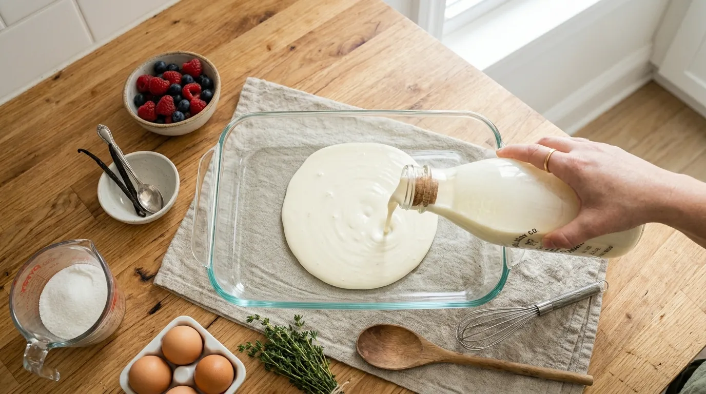 High-quality heavy cream being poured into a baking dish for a clotted cream recipe.