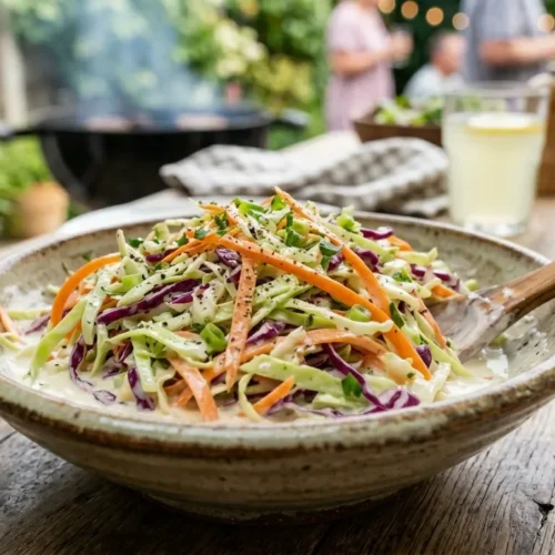 A bowl of crunchy and creamy easy coleslaw recipe ready to serve.