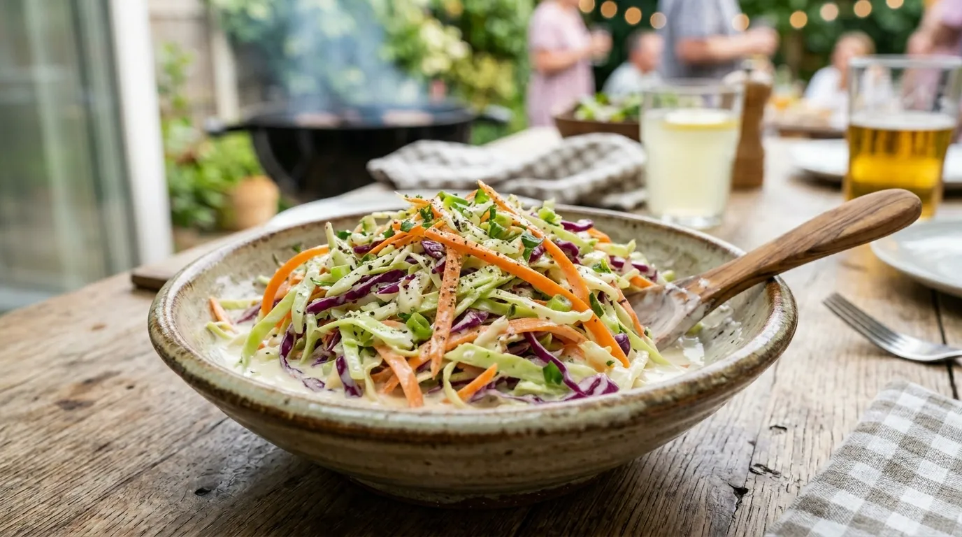 A bowl of crunchy and creamy easy coleslaw recipe ready to serve.