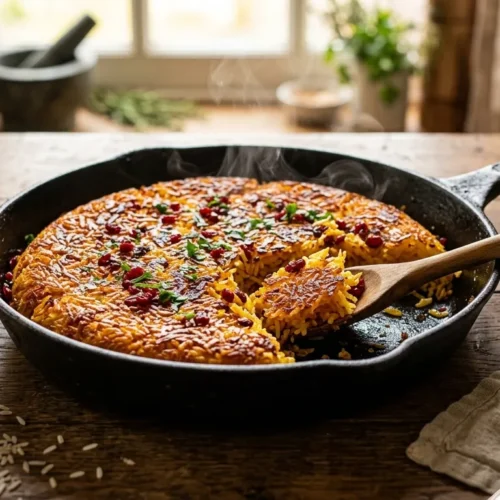 crispy rice recipe cooked in a skillet with a golden crunchy crust
