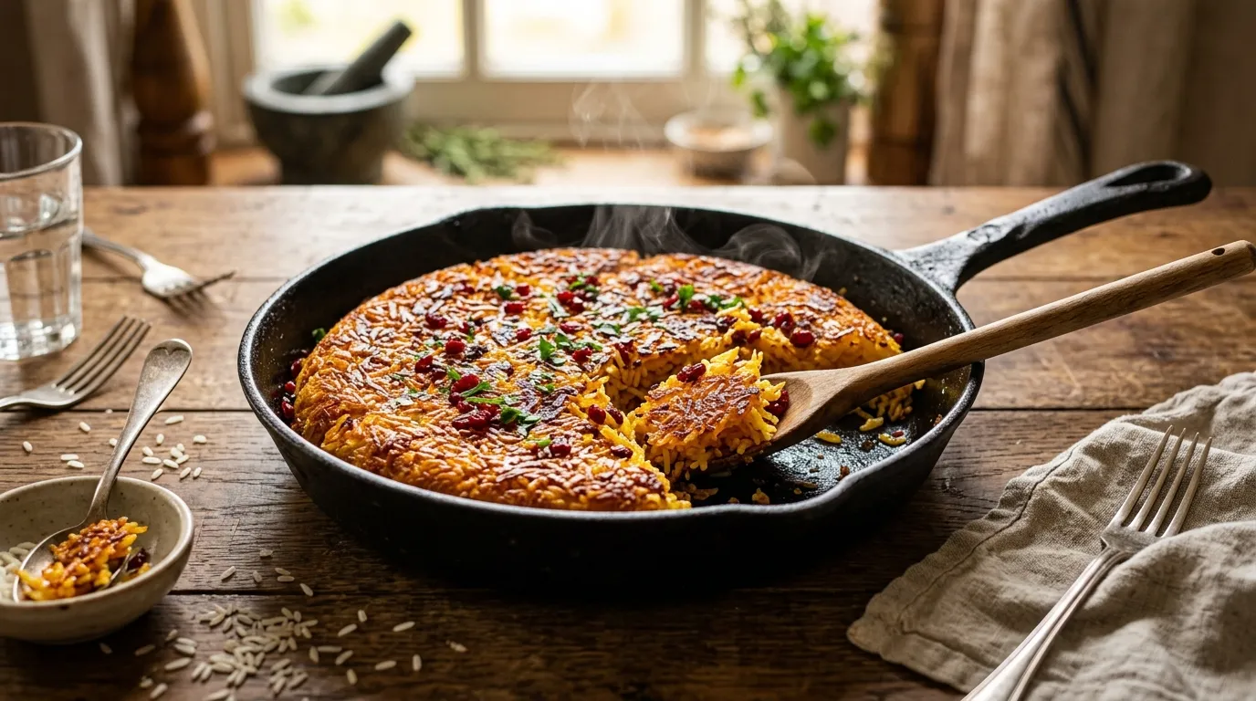 crispy rice recipe cooked in a skillet with a golden crunchy crust