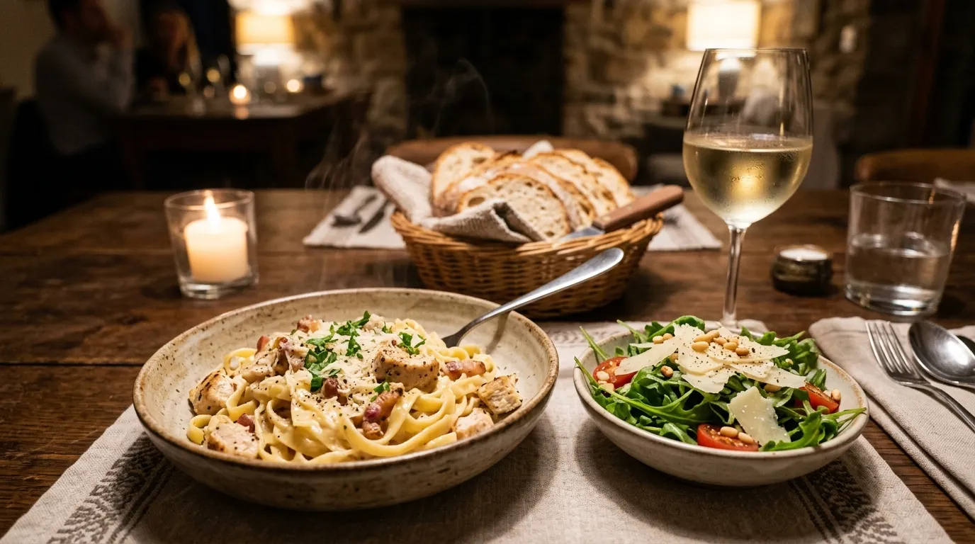 A dinner table set with our delicious chicken carbonara recipe and an arugula salad