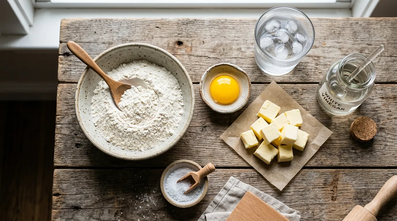 Essential ingredients for making the best empanada dough recipe including flour, butter, egg yolk, and vinegar.