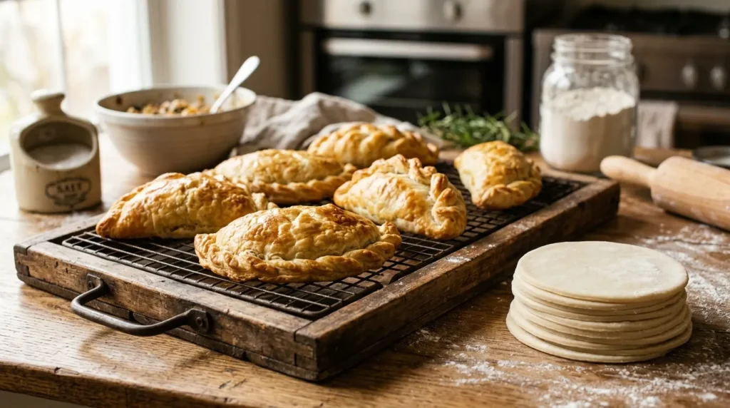 A tray of golden baked empanadas and fresh discs made from our flaky empanada dough recipe.