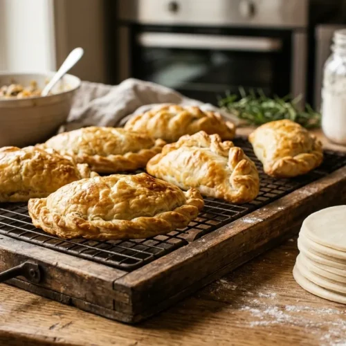 A tray of golden baked empanadas and fresh discs made from our flaky empanada dough recipe.