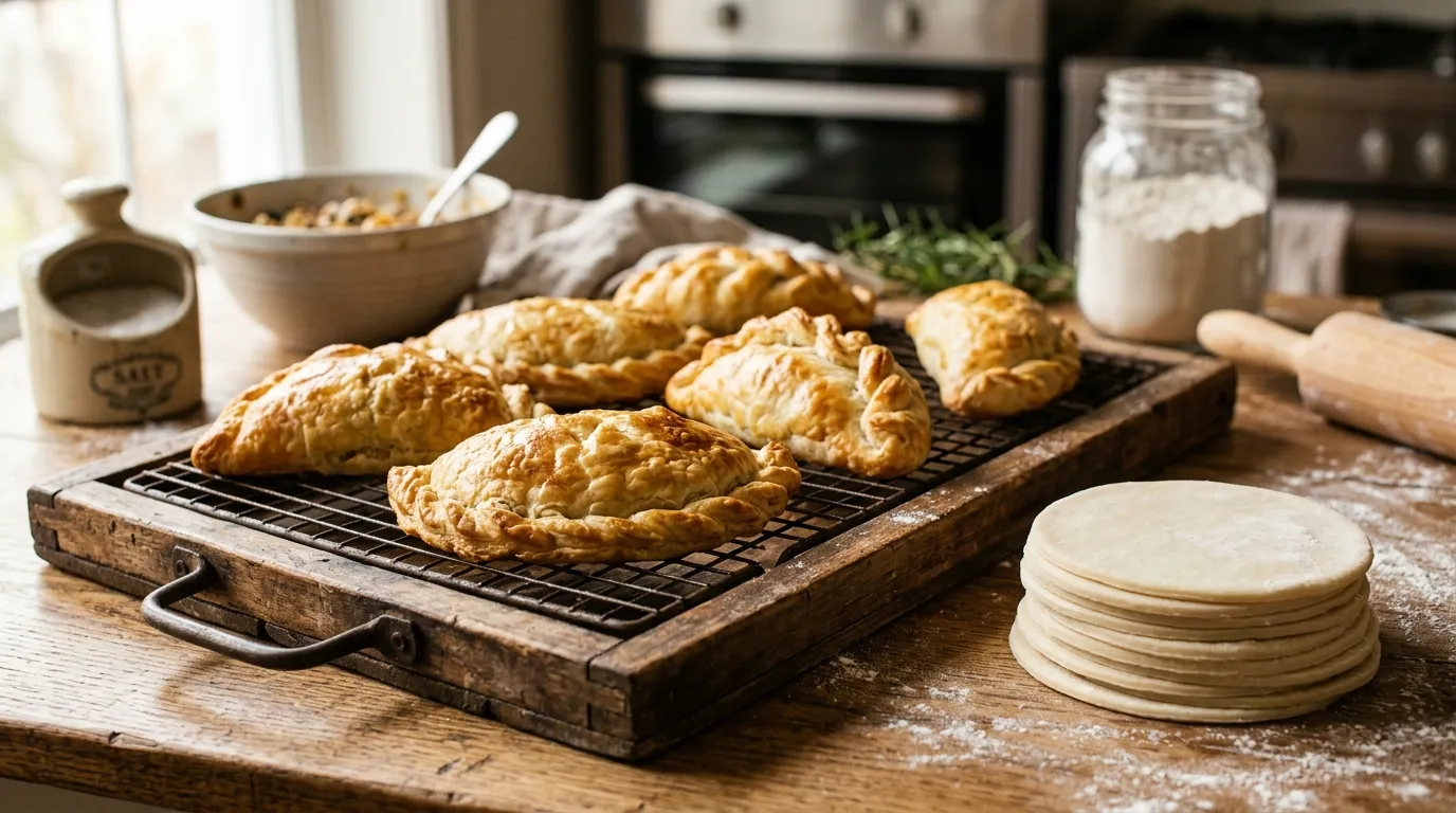 A tray of golden baked empanadas and fresh discs made from our flaky empanada dough recipe.