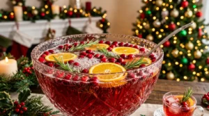 A beautiful glass bowl filled with our sparkling christmas punch recipe garnished with fresh cranberries and rosemary.