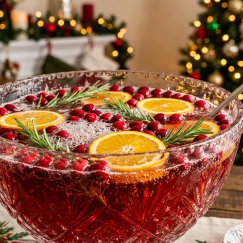 A beautiful glass bowl filled with our sparkling christmas punch recipe garnished with fresh cranberries and rosemary.