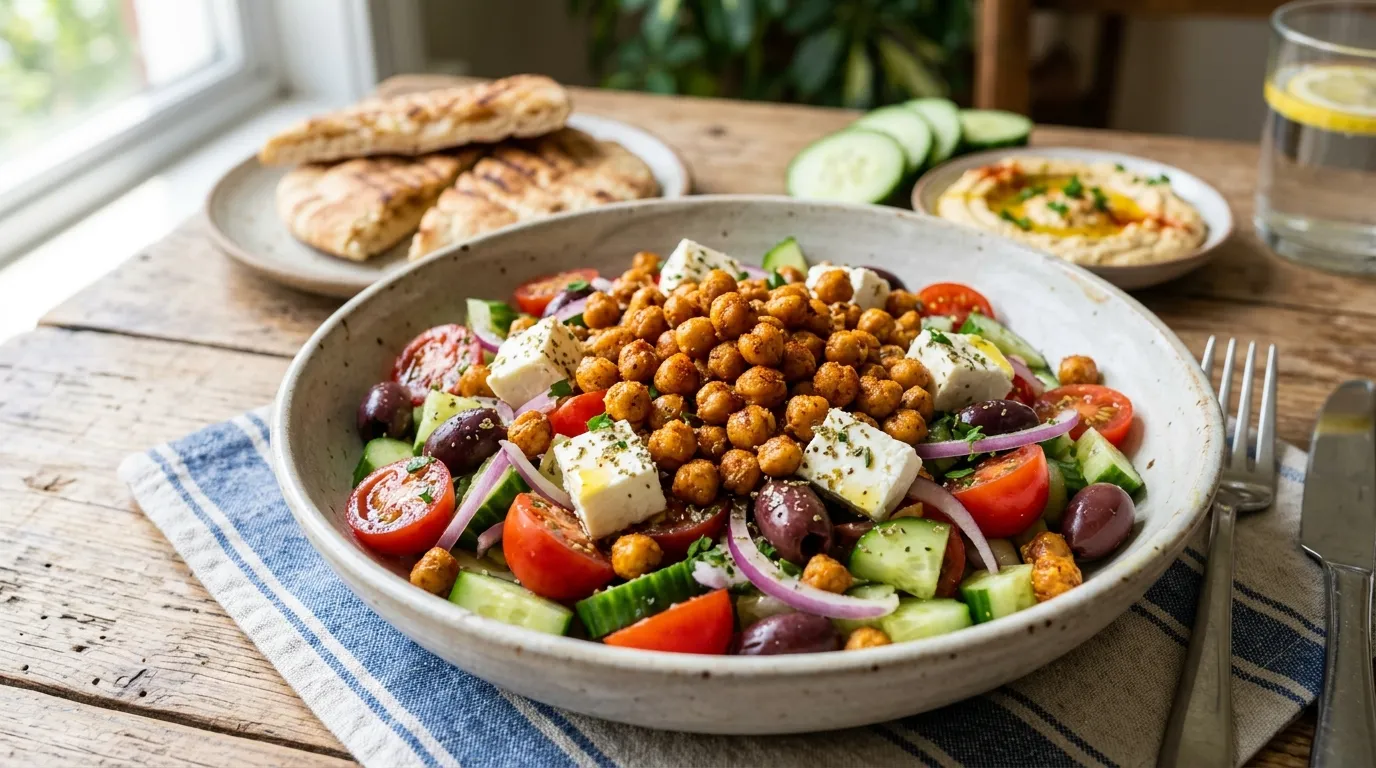 Greek salad topped with the crispy chickpeas garbanzo beans recipe