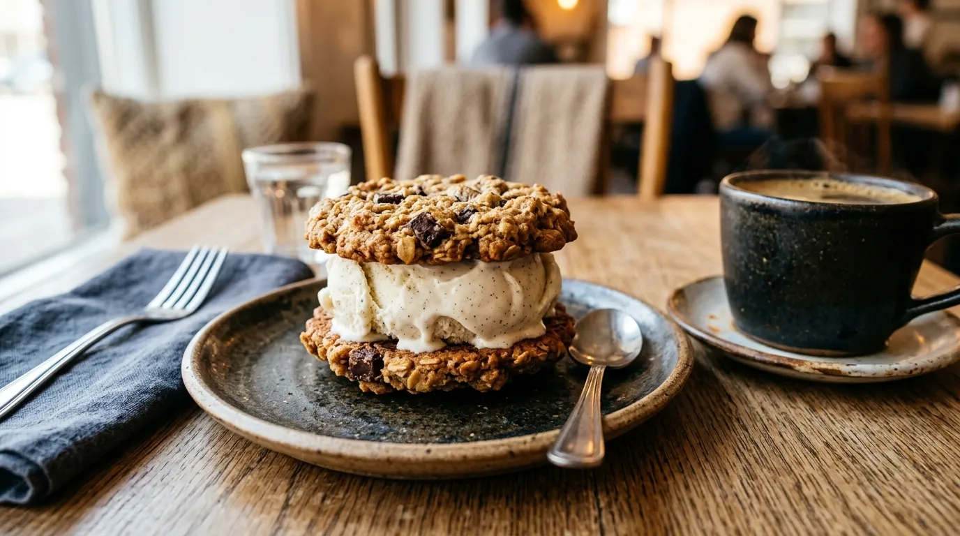 An ice cream sandwich made from our favorite quaker oatmeal cookie recipe.