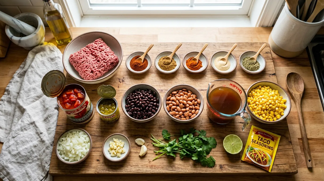 Fresh and canned ingredients laid out to make an easy taco soup recipe.