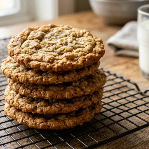Stack of freshly baked chewy cookies for the best quaker oatmeal cookie recipe.
