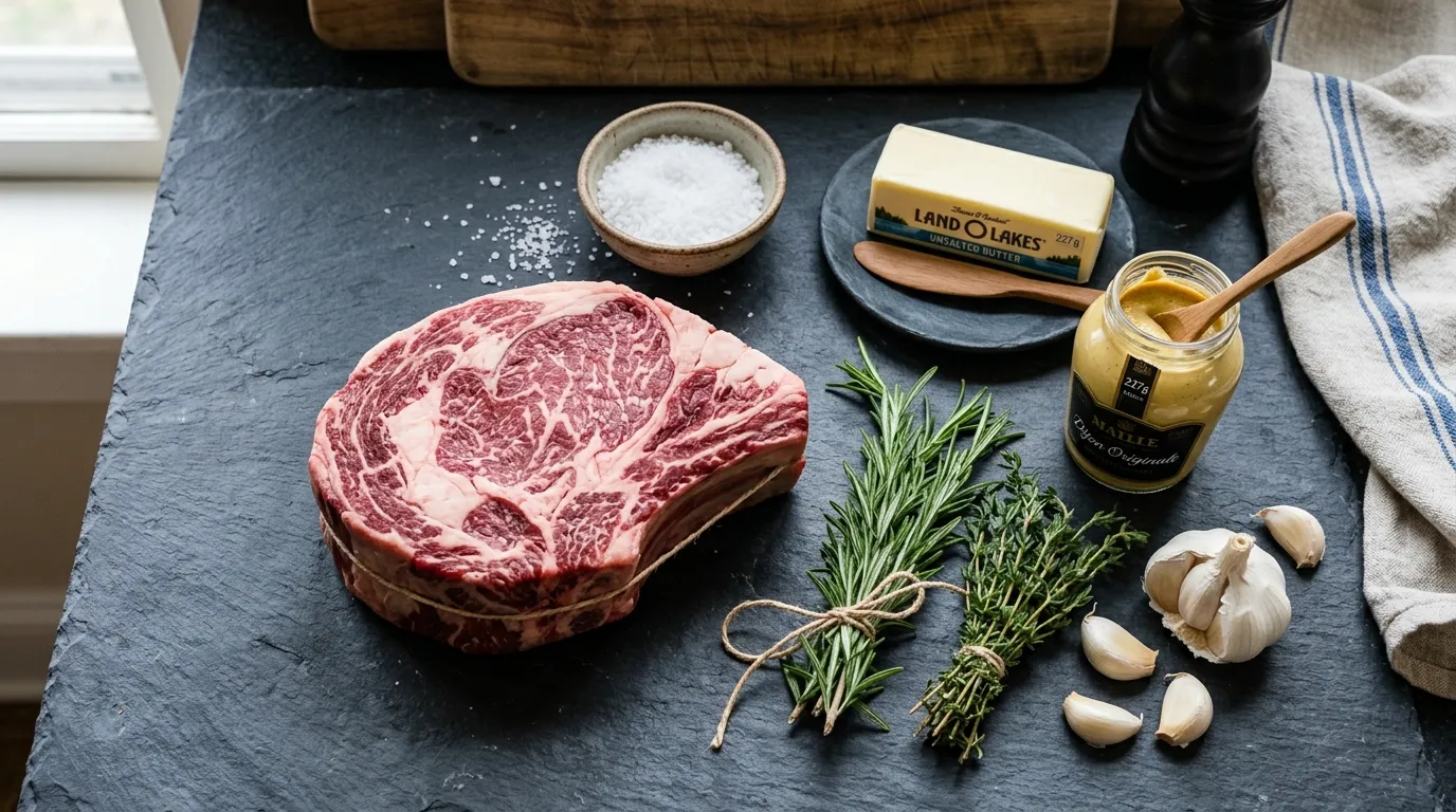 Raw ingredients including beef, herbs, butter, and Dijon mustard for a ribeye roast recipe