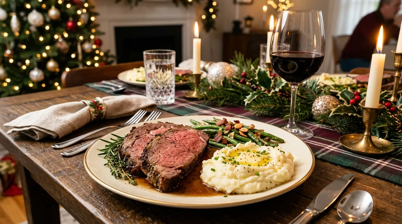 Plated serving of ribeye roast recipe with mashed potatoes, green beans, and red wine