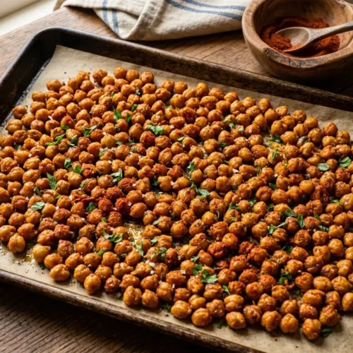 Crispy roasted chickpeas garbanzo beans recipe on a parchment-lined baking sheet