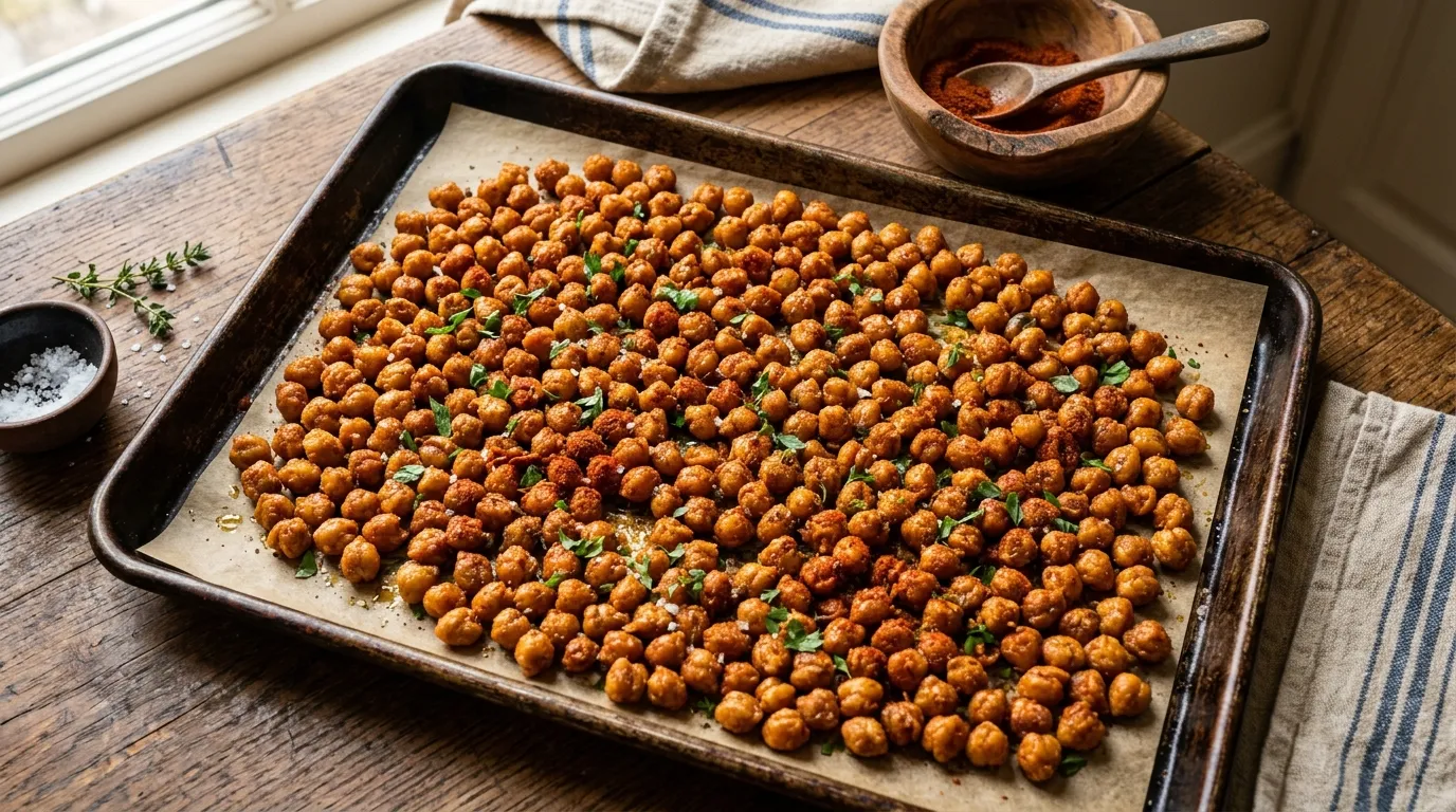 Crispy roasted chickpeas garbanzo beans recipe on a parchment-lined baking sheet