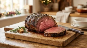 Perfectly cooked medium-rare beef sliced on a board for a delicious ribeye roast recipe