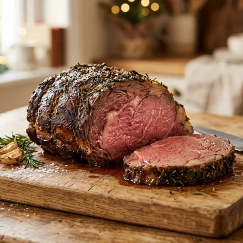Perfectly cooked medium-rare beef sliced on a board for a delicious ribeye roast recipe