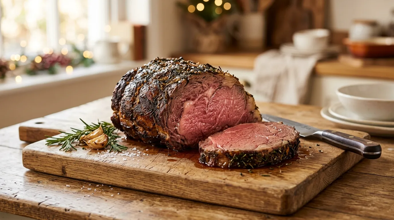 Perfectly cooked medium-rare beef sliced on a board for a delicious ribeye roast recipe