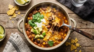 A steaming bowl of our easy taco soup recipe topped with cheese, avocado, and sour cream.